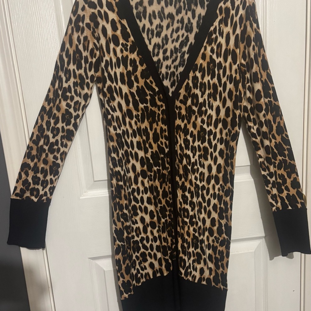 The Limited Leopard Print Cardigan with Black Trim, Duster Length Size M
